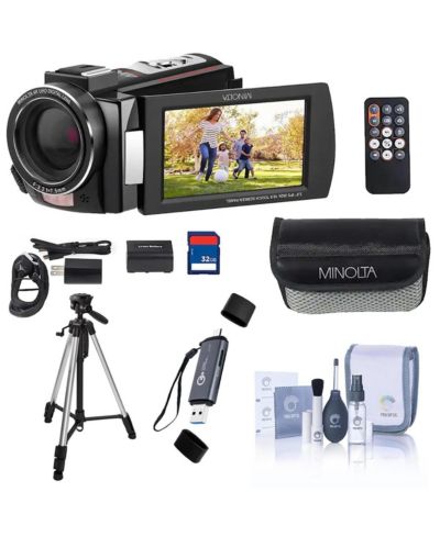 Minolta MN4K25NV 30MP 4K Ultra HD 3" Touchscreen Camcorder with Night Vision, Bundle with 3-Section Tripod, USB 3.0 Card Reader, Cleaning Kit