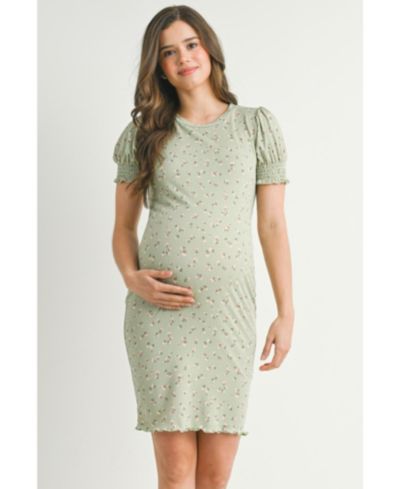 Hello Miz Women's Floral Ribbed Mini Dress with Short Puff Sleeves