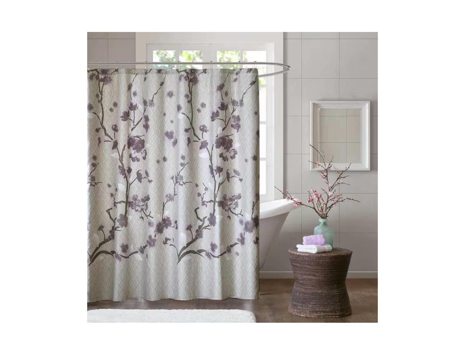 Штора для душа Slickblue Cotton с цветочным узором Purple Grey Beige Floral Blossom