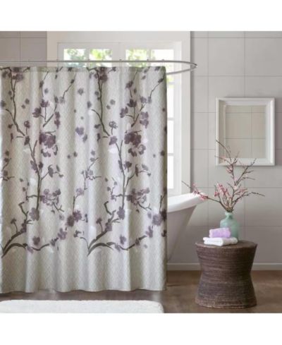 Slickblue Cotton Shower Curtain with Purple Grey Beige Floral Blossom Pattern