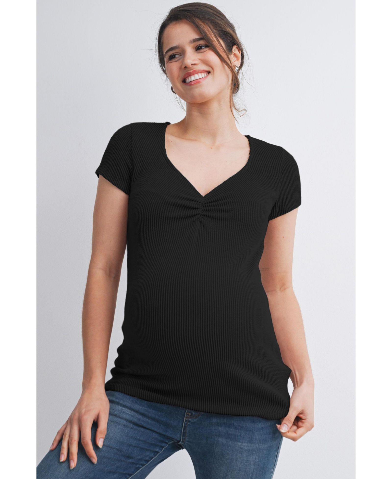 Hello Miz Maternity Ribbed Sweetheart Neck Short-Sleeve Top