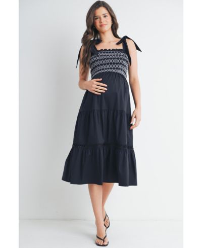 Hello Miz Women's Smocked Empire Waist Midi Dress with Shoulder Ties