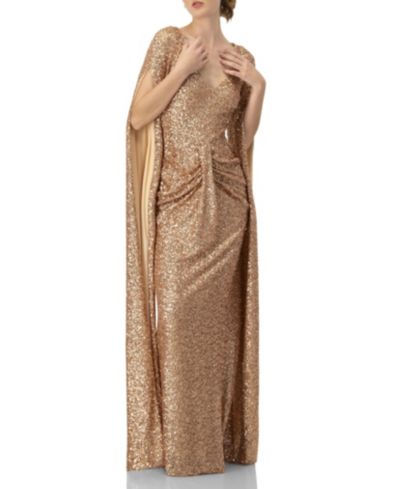 Ivonne Women's Long Sleeve V-Neck Sequin Evening Dress with Slit