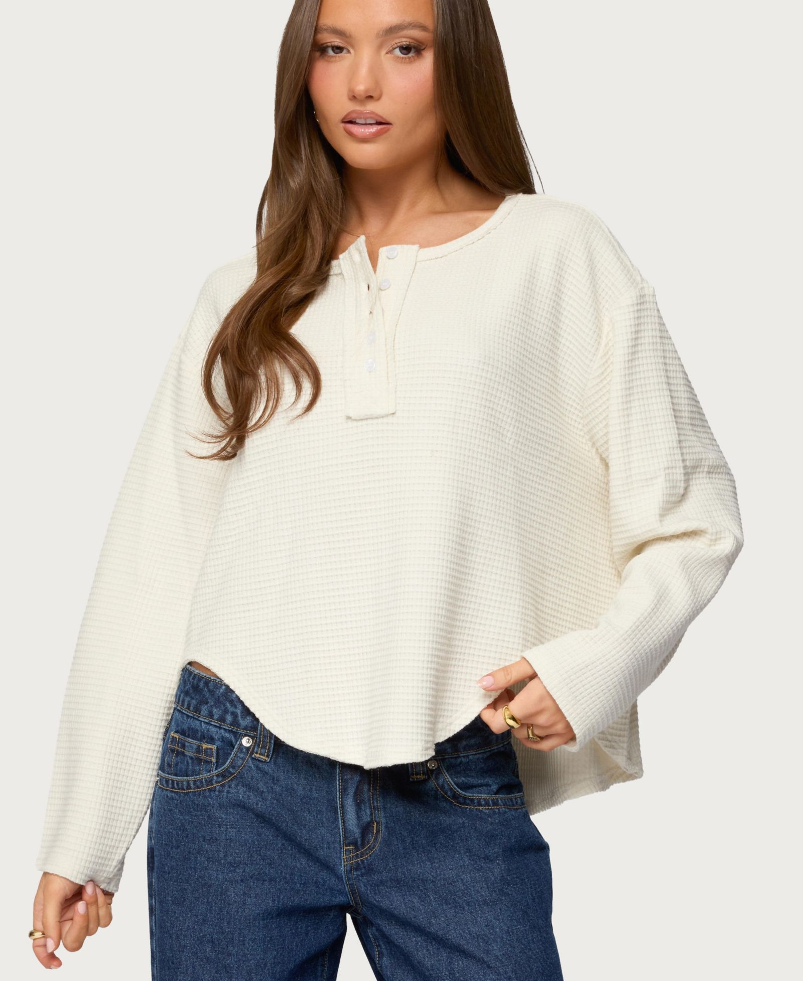 Edikted Women's Alisia Oversized Waffle Henley Top