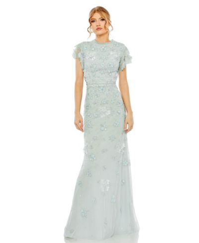 Женское вечернее платье Mac Duggal Floral Embellished High Neck Flutter Sleeve