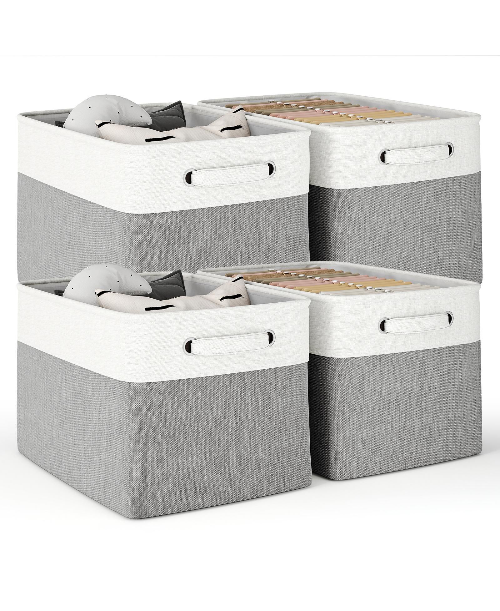 SUGIFT 4-Pack Collapsible Storage Baskets with Handles, Linen Fabric Organizer Bins with Metal Frame