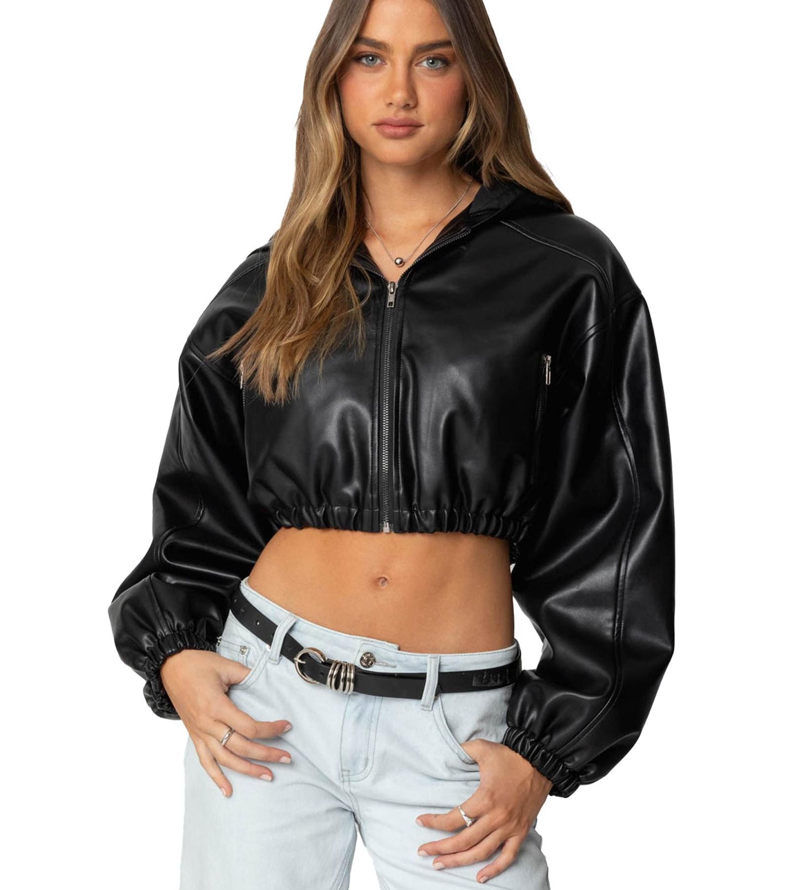Edikted Women's Hooded Faux Leather Cropped Jacket