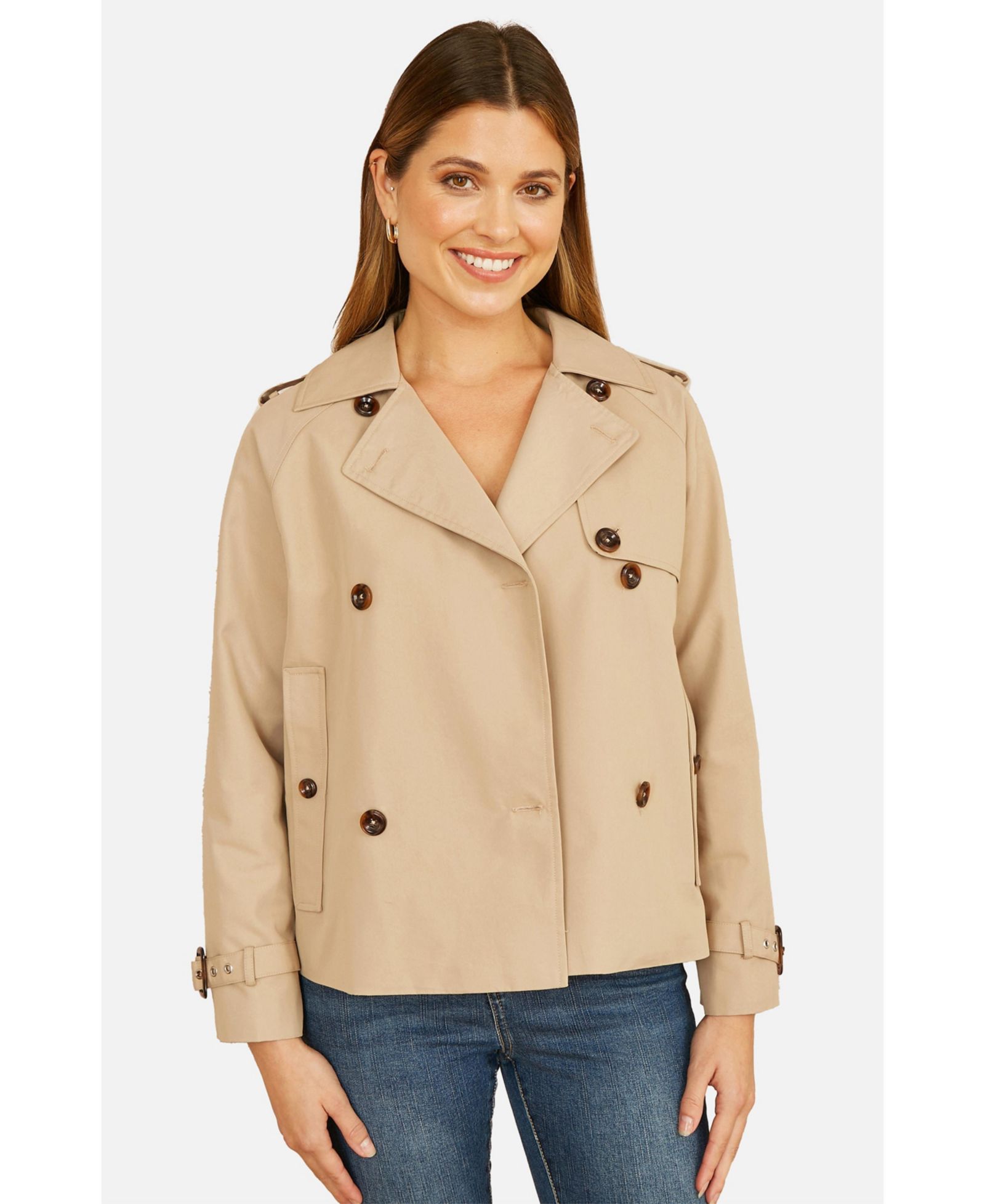 Yumi Women's Cropped Trench Jacket With Pockets