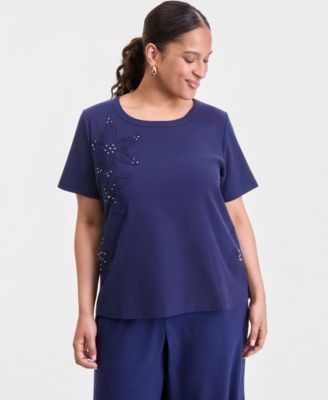 I.N.C. International Concepts Plus Size Short-Sleeve Crochet Embellished T-Shirt, Macy's Exclusive