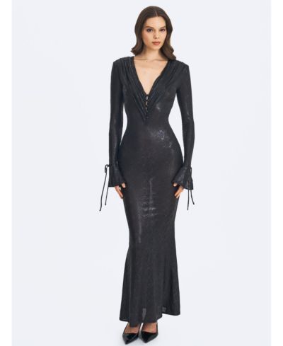 Miss Circle Women's Ilysia Black V-Neck Plunge Snakeskin Mermaid Hem Maxi Dress