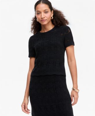 I.N.C. International Concepts Women's Short Sleeve Metallic Crochet Stripe Sweater, Macy's Exclusive