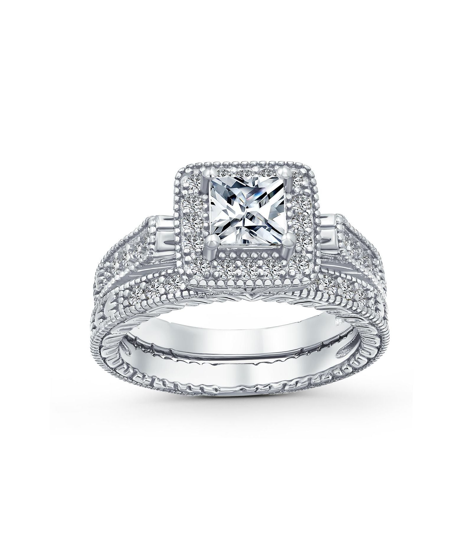 Bling Jewelry Art Deco Style Cubic Zirconia Halo CZ Princess Cut Solitaire Engagement Ring Band Set Sterling Silver