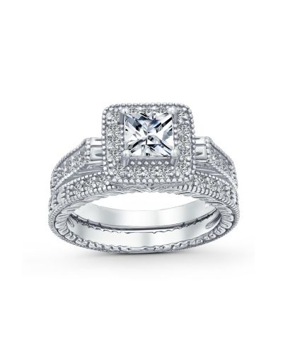 Bling Jewelry Art Deco Style Cubic Zirconia Halo CZ Princess Cut Solitaire Engagement Ring Band Set Sterling Silver