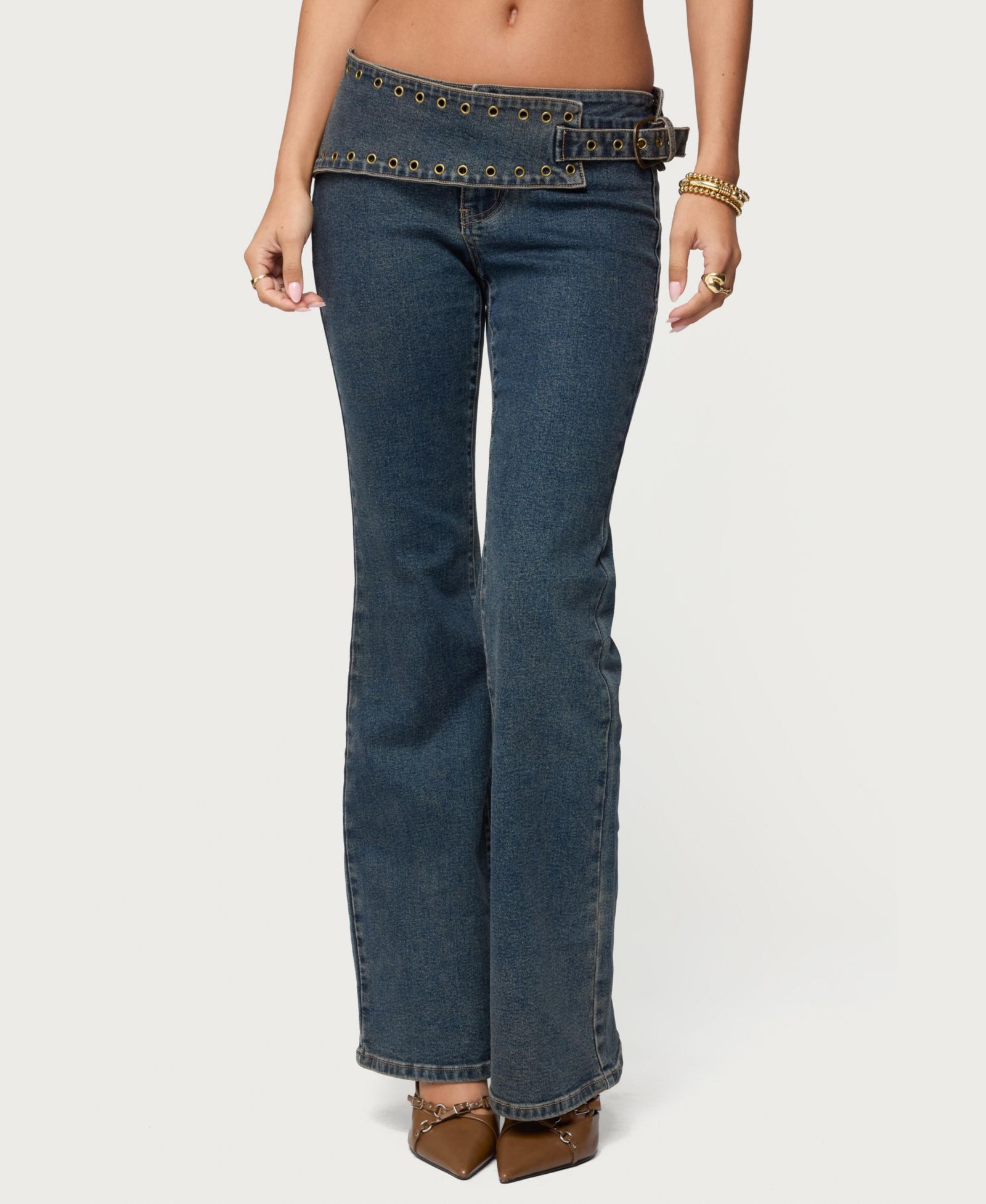 Edikted Women's Asymmetric Grommet Belt Low Rise Flared Jeans