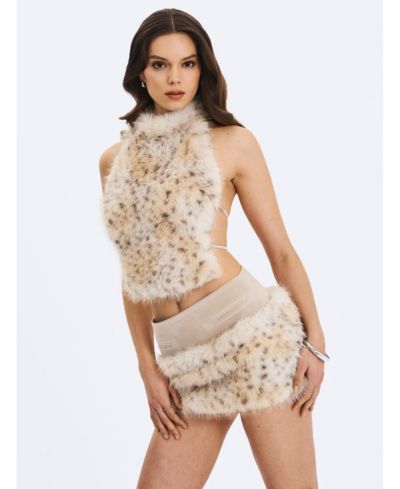 Miss Circle Women's Sariah Tan Suede Cheetah Low-Waisted Micro Skirt