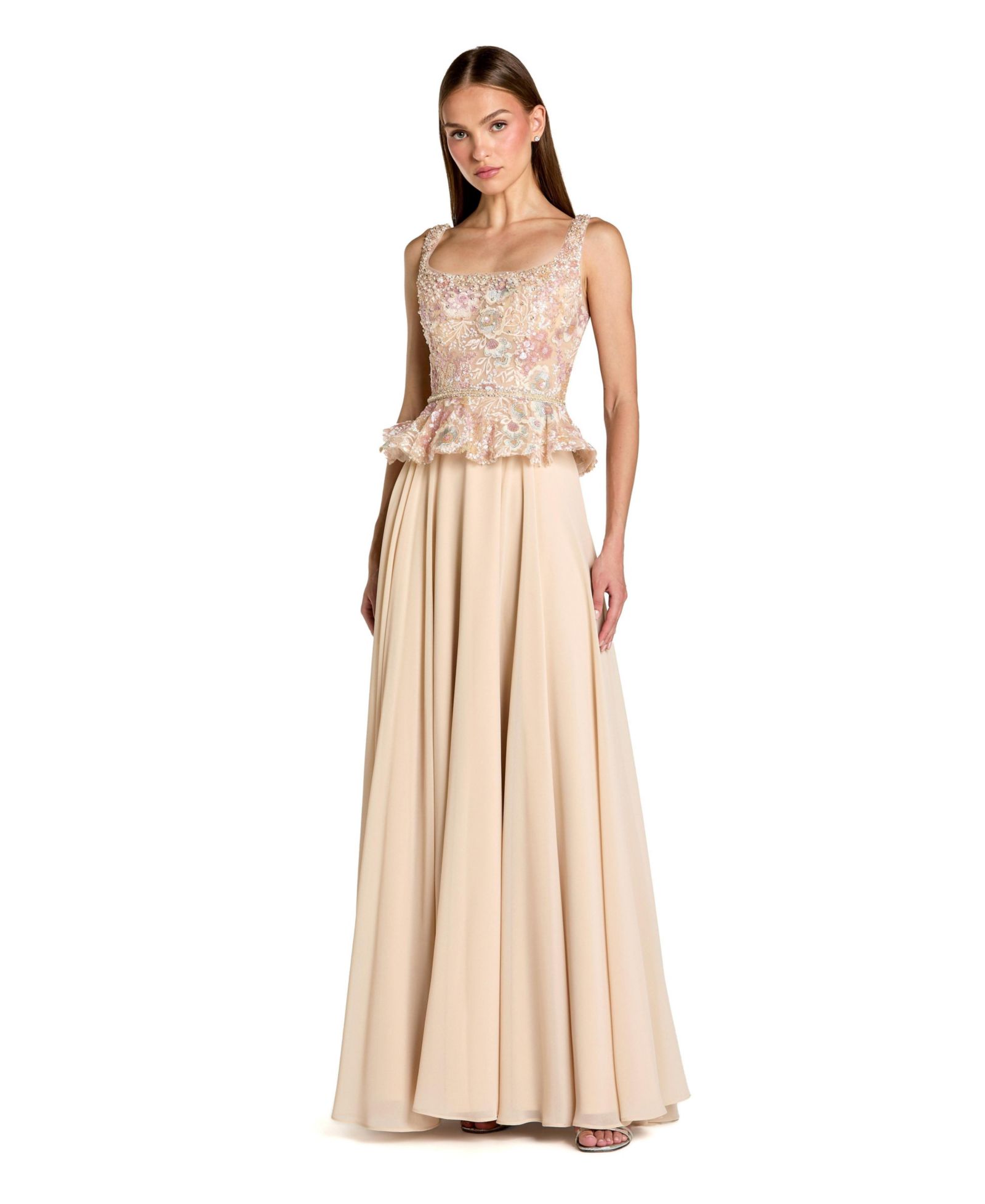 Mac Duggal Petite Embroidered Peplum Top With Chiffon Skirt Gown