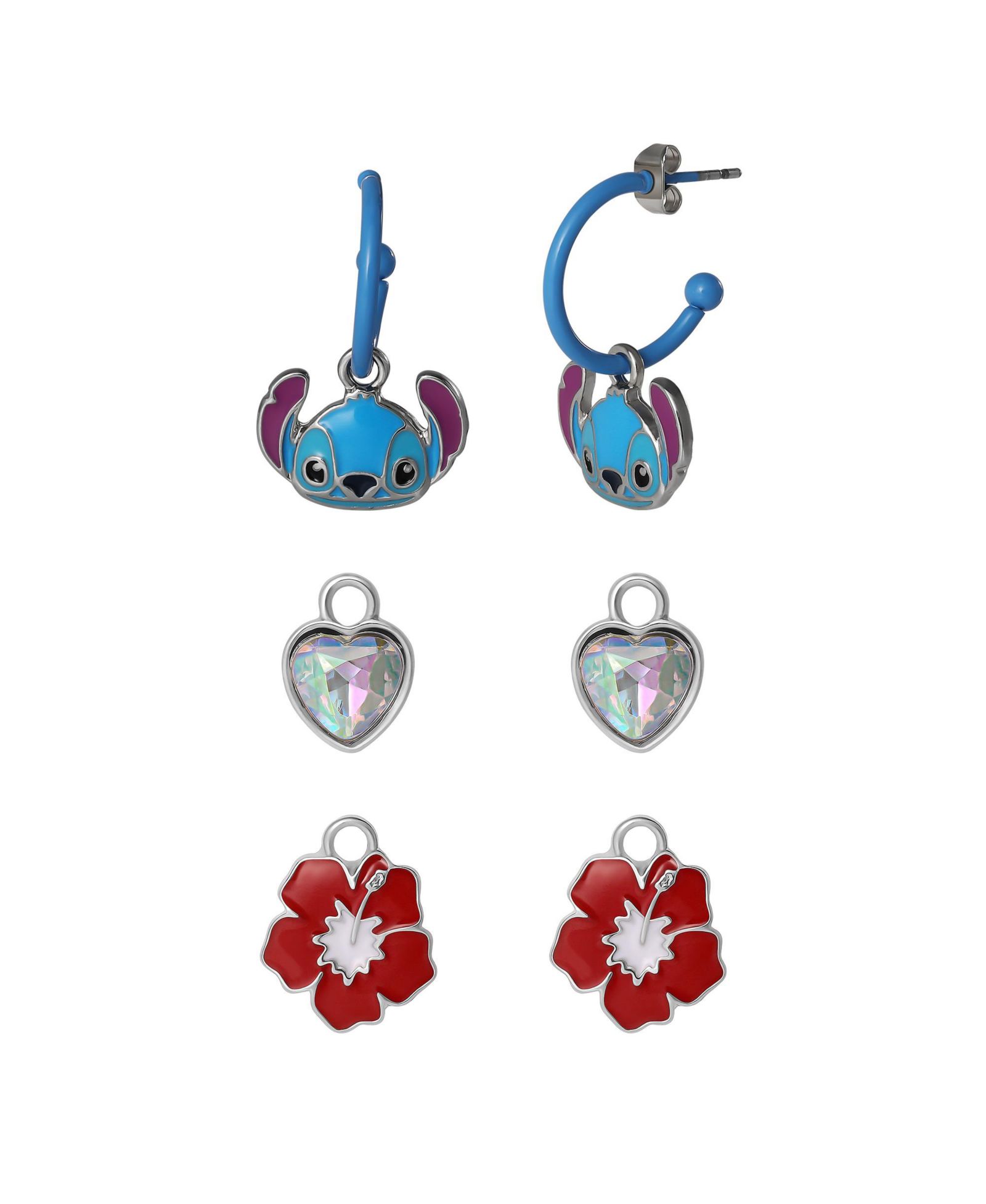 Набор сережек-колец Disney Stitch Charm, 1 кольцо с 3 сменными подвесками, серебристый цвет