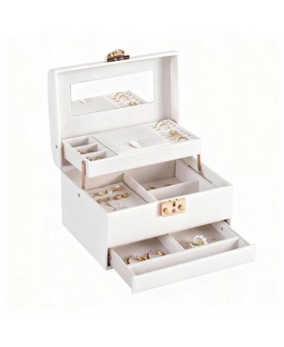YIGII Leather Jewelry Organizer with 3 Drawers, Mirror, and Lock