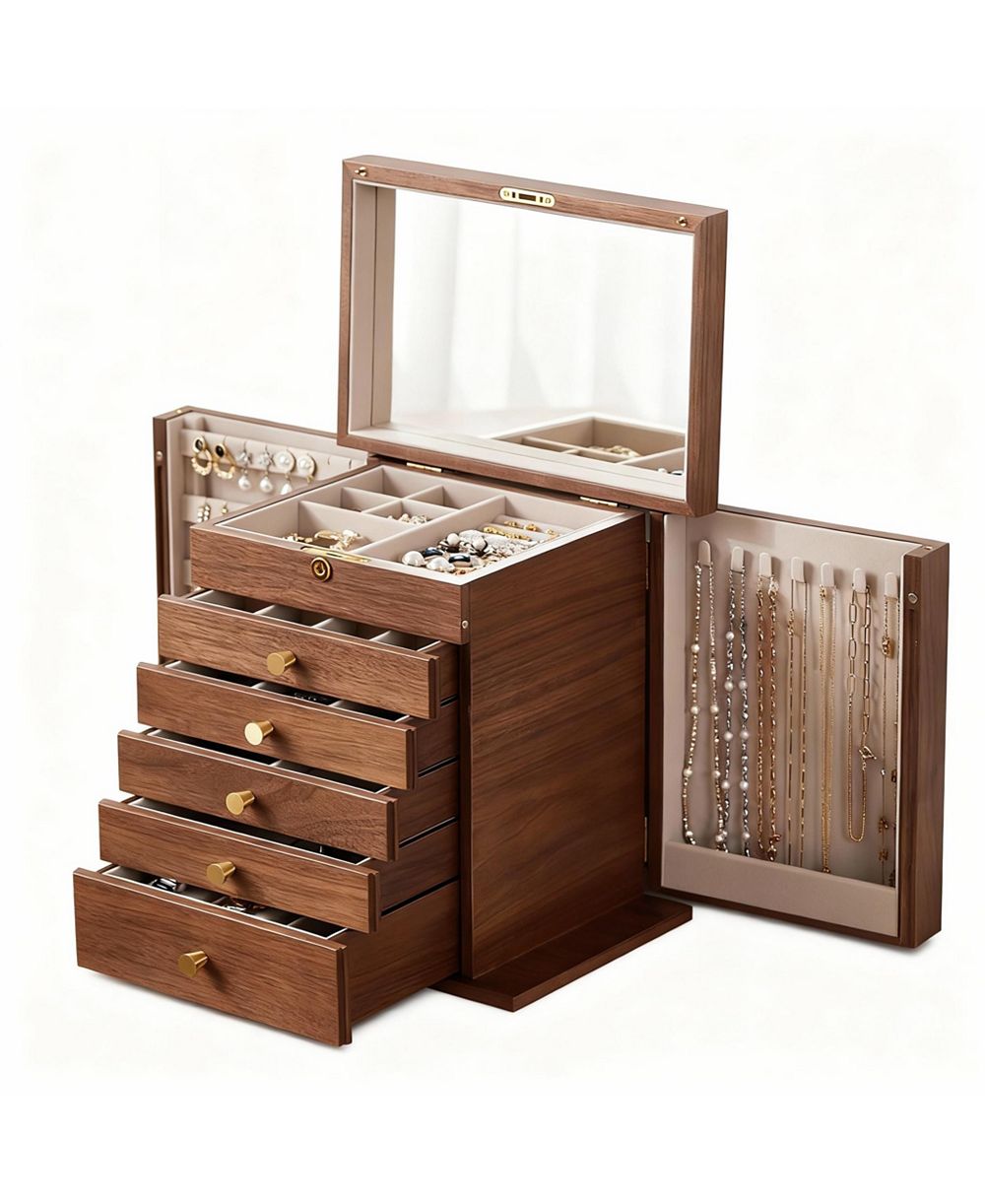Органайзер для украшений YIGII Luxury Walnut с зеркалом и замком