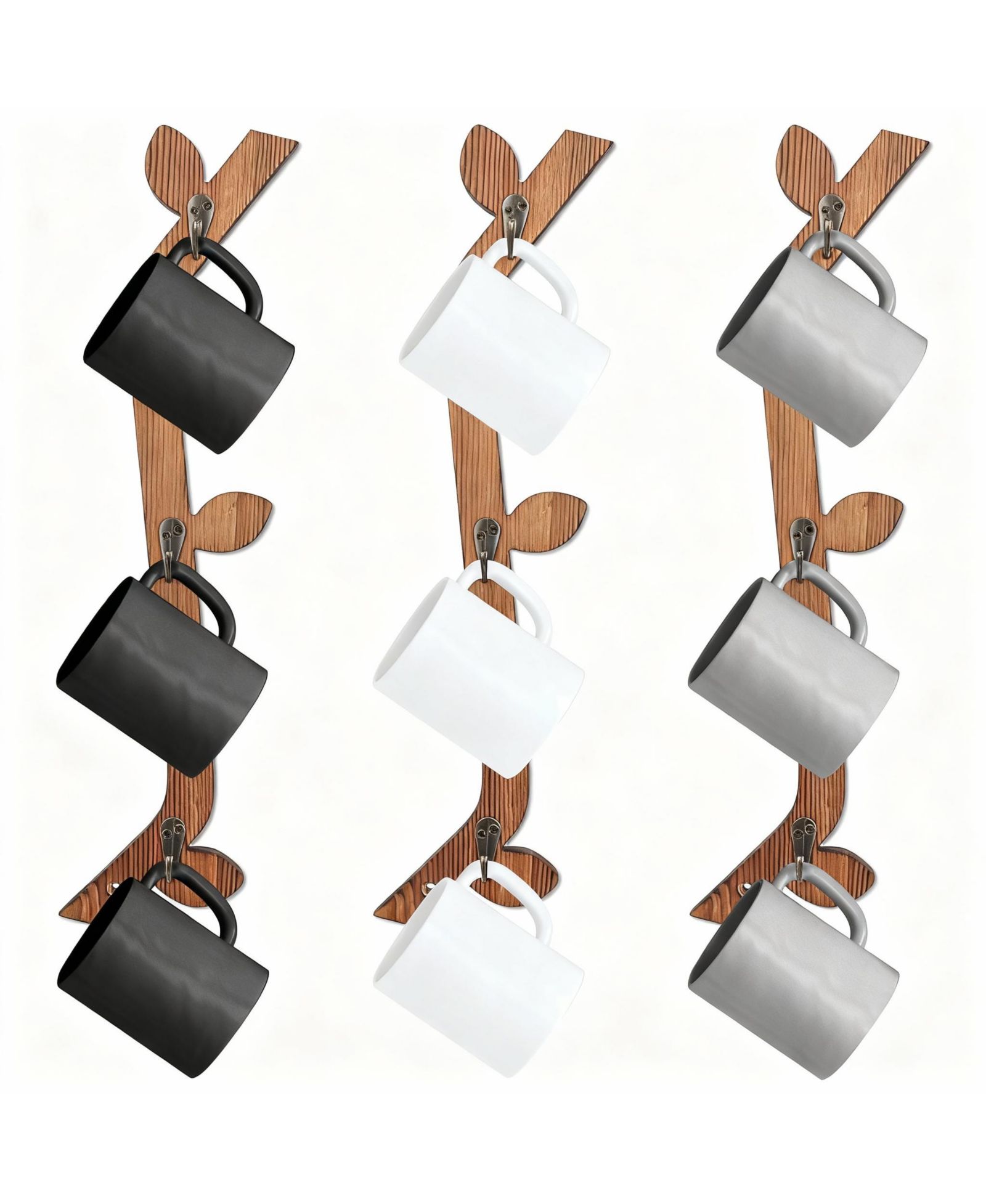 YIGII Wood Coffee Mug Wall Rack Set of 3, 9 Hooks, Space-Saving, Rustic Pine