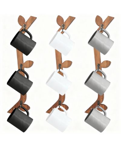 YIGII Wood Coffee Mug Wall Rack Set of 3, 9 Hooks, Space-Saving, Rustic Pine