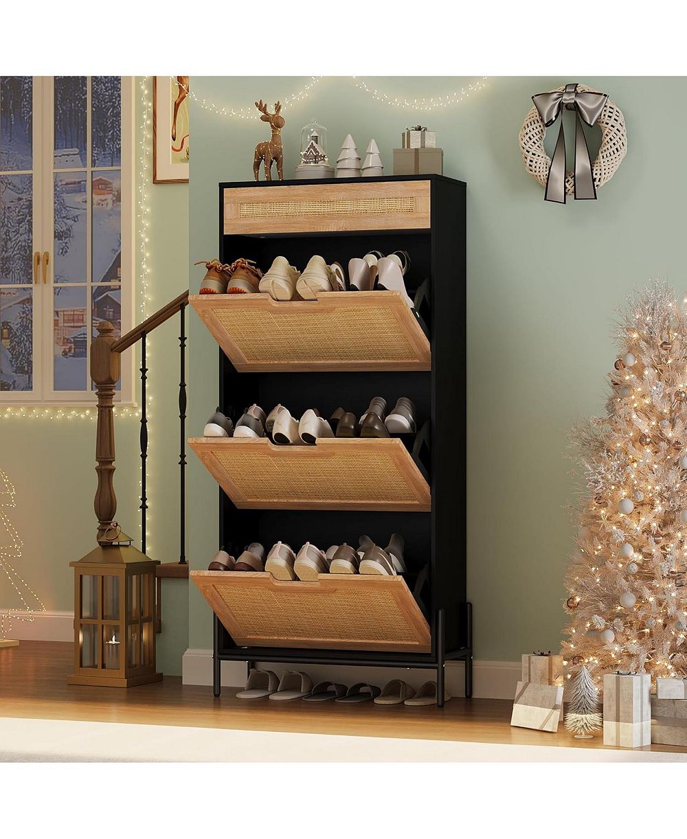 gaomon Rattan Shoe Storage Cabinet with 3 Flip Doors & 1 Drawer, Adjustable Shelf Freestanding Entryway Cabinet