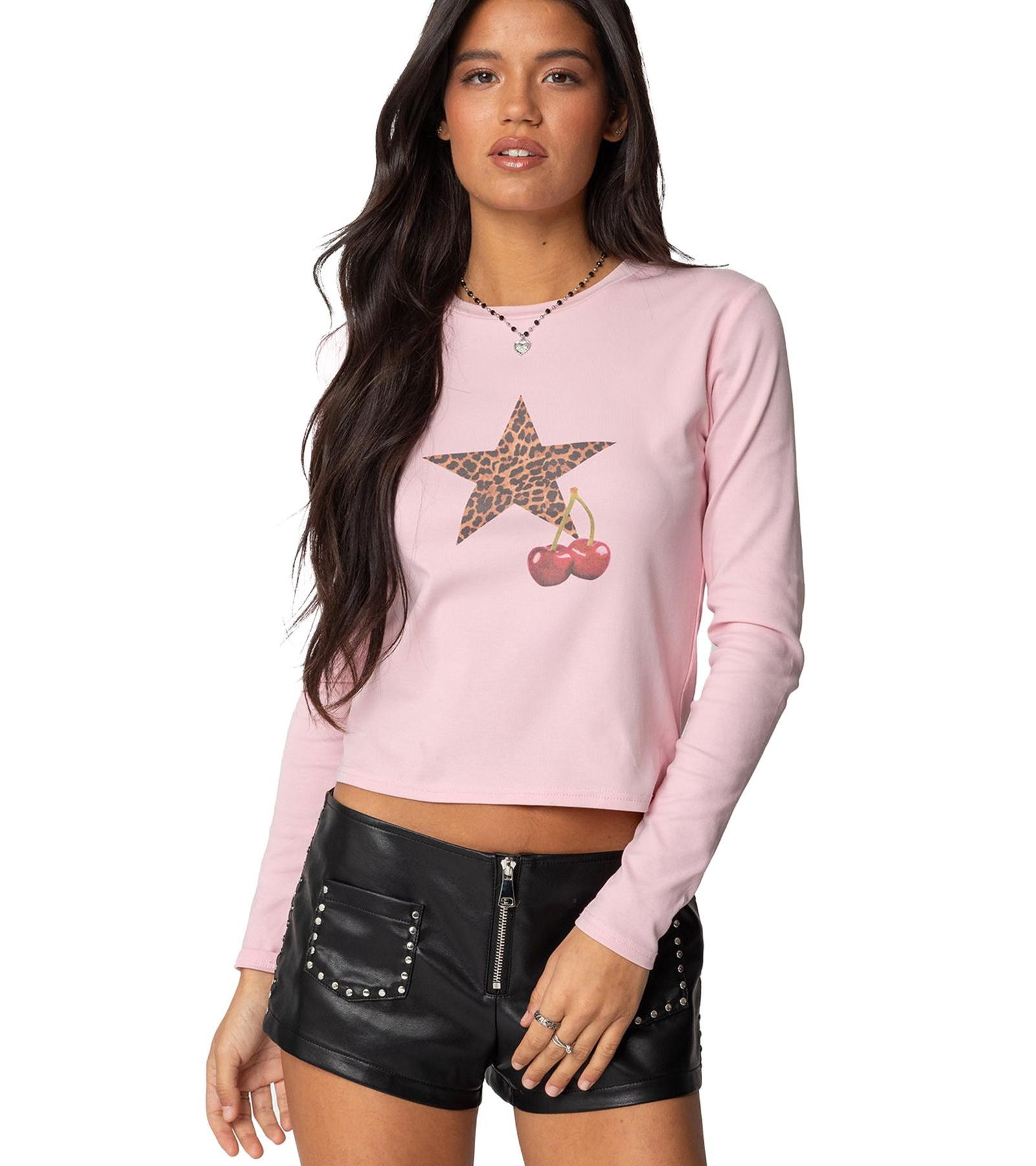 Edikted Women's Cherry Leopard Star Long Sleeve T Shirt