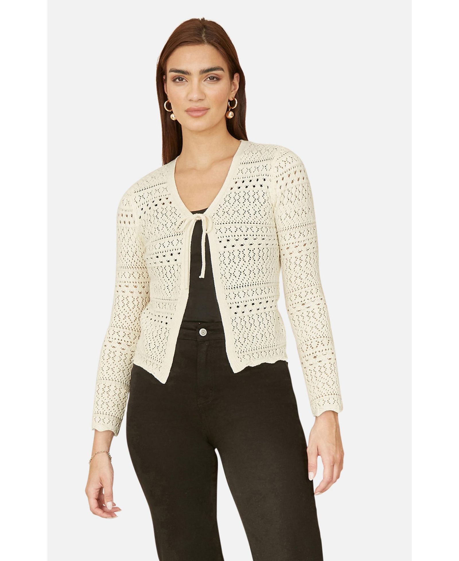 Yumi Women's Crochet Tie Front Cardigan