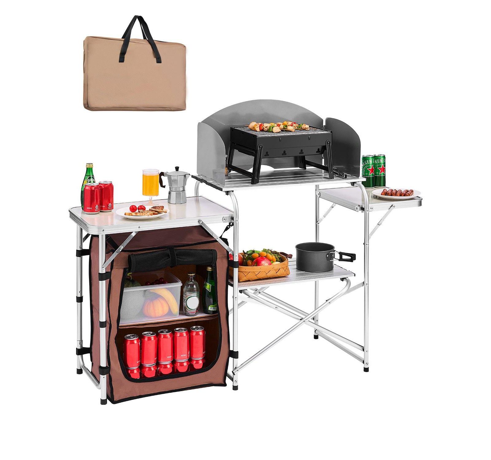 Mecale Outdoor 2-Tier Kitchen Cook Table с Zippered Bag, Портативный Складной Стол для BBQ, вечеринок и кемпинга
