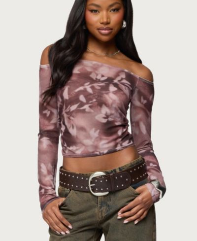 Edikted Women's Off Shoulder Printed Sheer Mesh Top