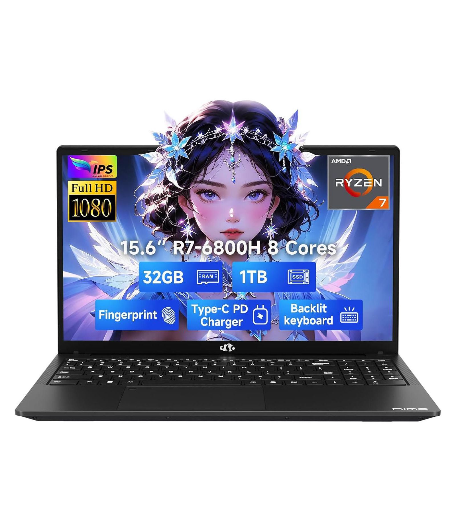 NIMO игровой ноутбук 15.6" IPS FHD, Ryzen 7 6800H, 32GB RAM, 1TB SSD, 4.7GHz