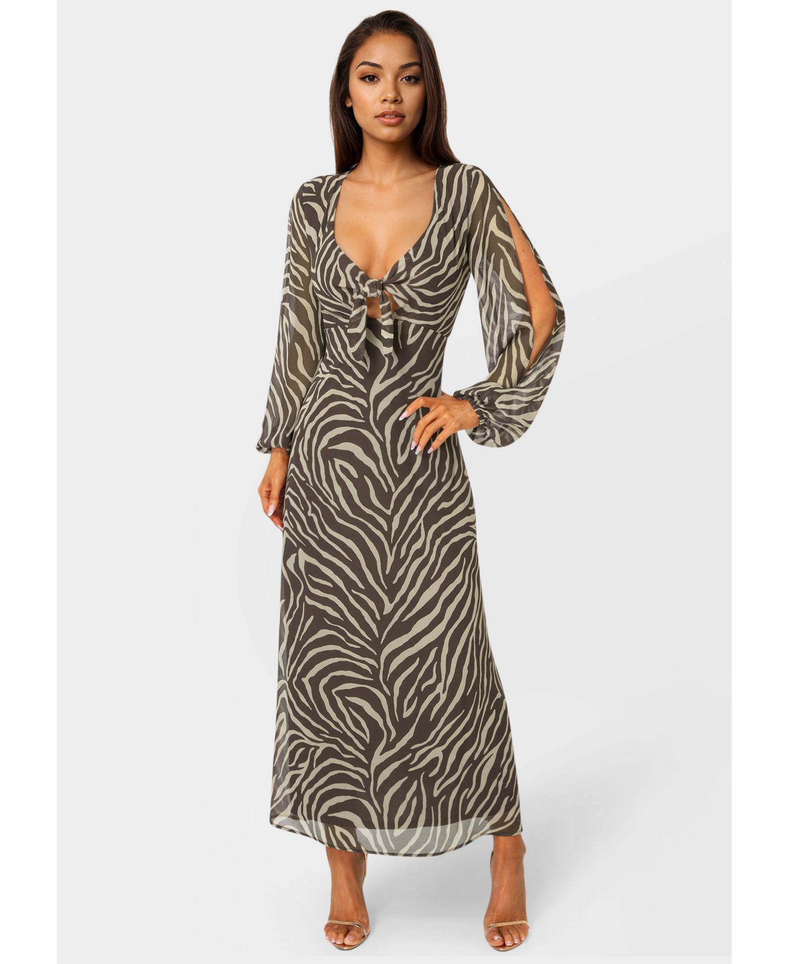 Bebe Women's Printed Chiffon Tie Front Maxi Dress