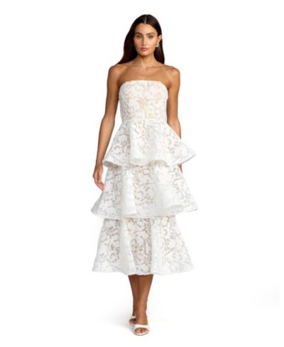 Mac Duggal Women's Strapless Lace Tiered Floral Detail Midi Dress