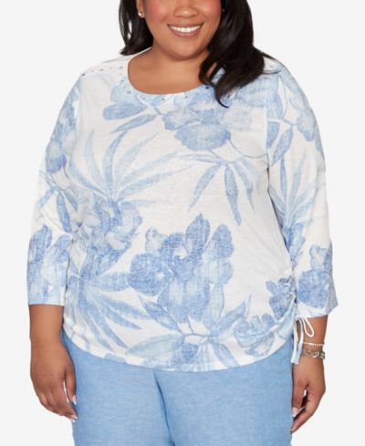 Alfred Dunner Plus Size Caribbean Blues Monotone Dramatic Floral Tropical Top