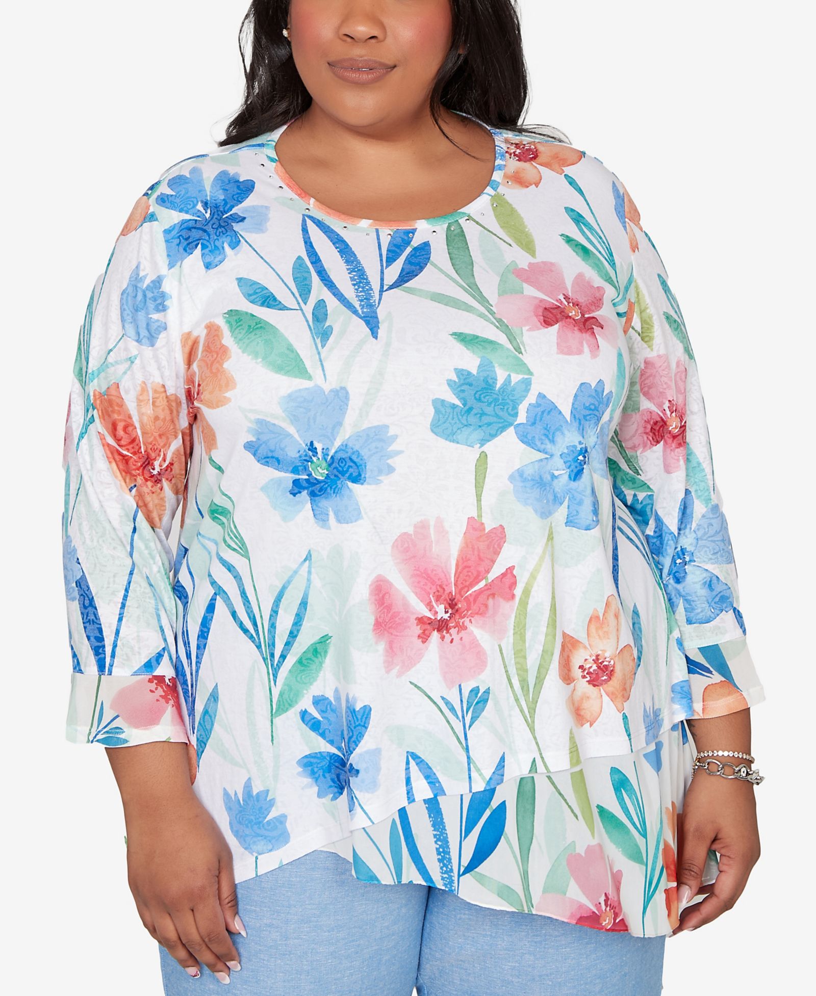 Alfred Dunner Plus Size Caribbean Blues Whimsical Flower Bell-Sleeve Top