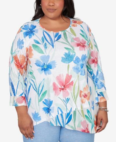 Alfred Dunner Plus Size Caribbean Blues Whimsical Flower Bell-Sleeve Top