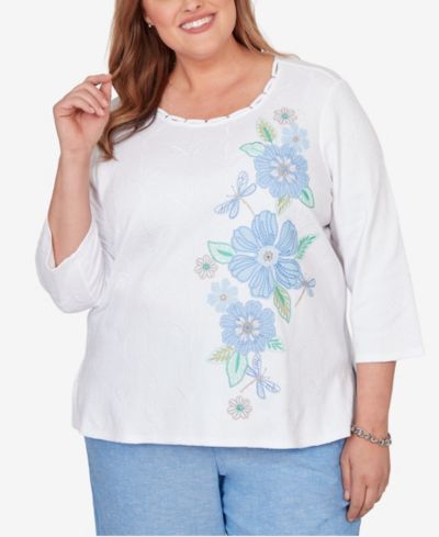 Alfred Dunner Plus Size Caribbean Blues Embroidered Dragonfly Floral Top