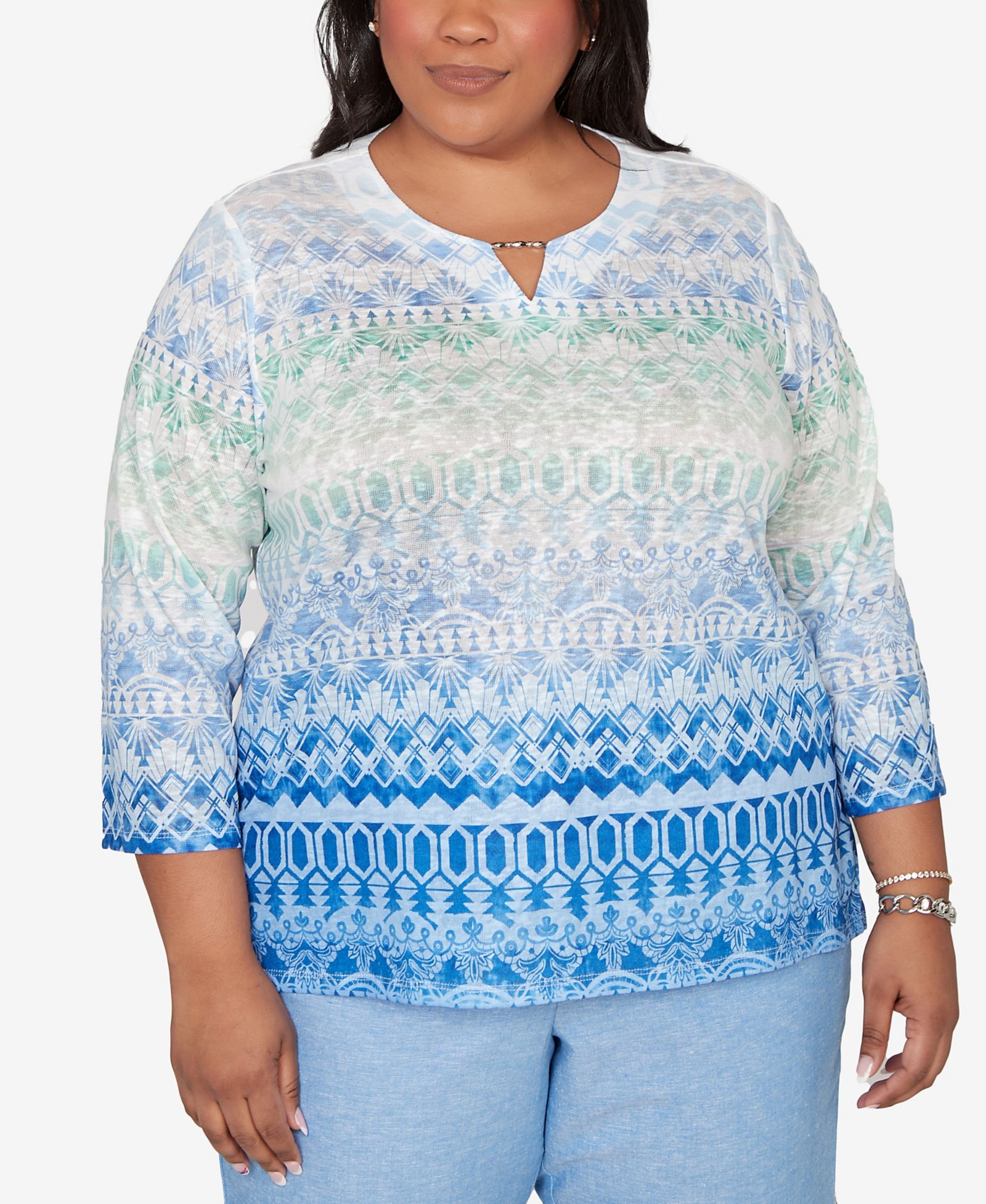 Alfred Dunner Plus Size Caribbean Blues Ombre Biadere Split Neck Top