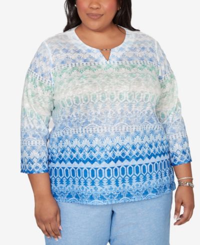 Alfred Dunner Plus Size Caribbean Blues Ombre Biadere Split Neck Top
