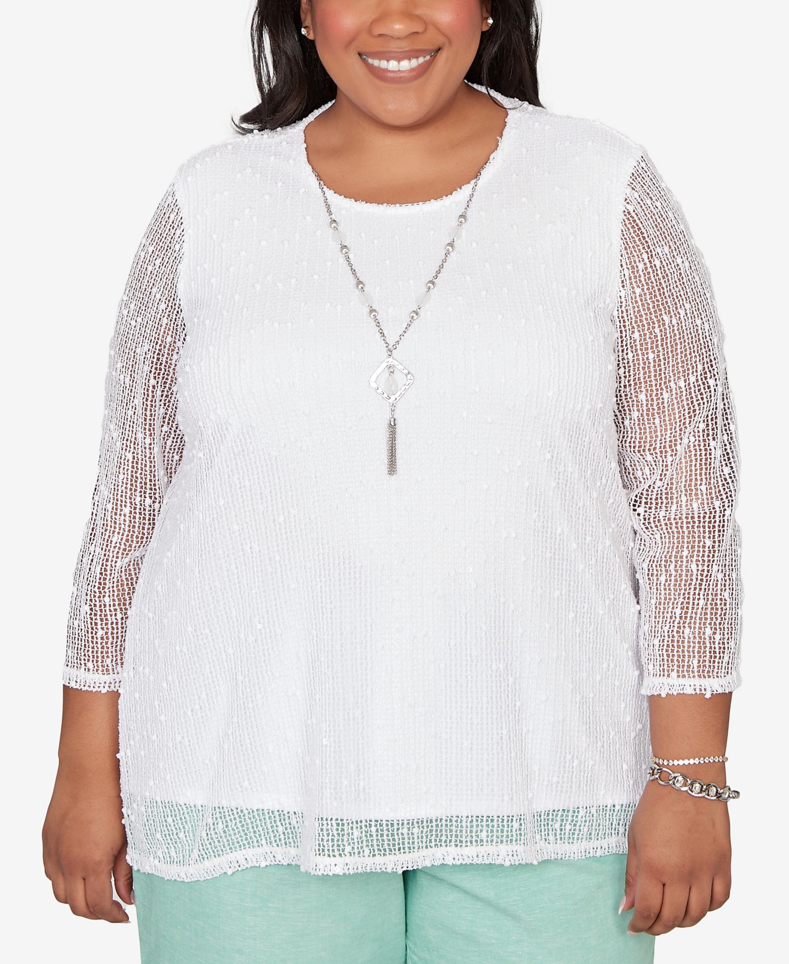 Alfred Dunner Plus Size Caribbean Blues Popcorn Mesh Solid Top with Necklace