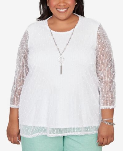 Alfred Dunner Plus Size Caribbean Blues Popcorn Mesh Solid Top with Necklace