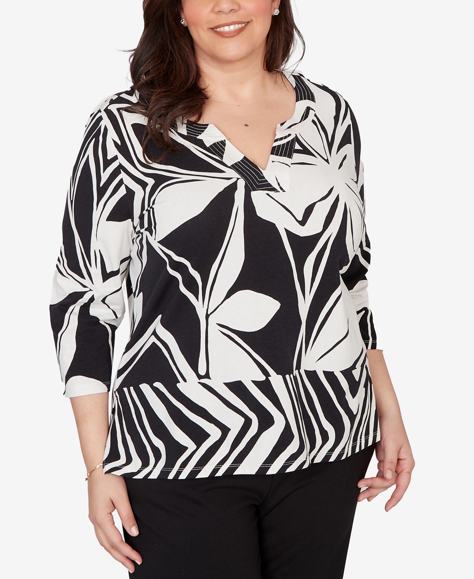 Alfred Dunner Plus Size Crowd Pleaser Dramatic Abstract Floral Split Neck Top