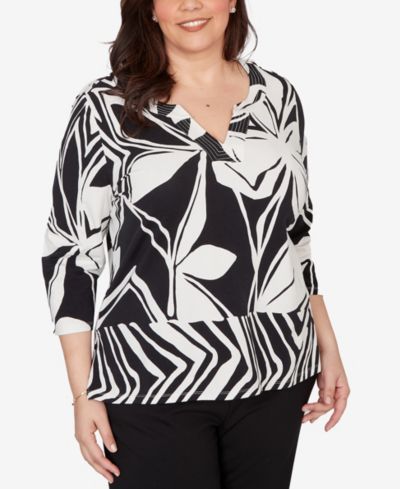 Alfred Dunner Plus Size Crowd Pleaser Dramatic Abstract Floral Split Neck Top
