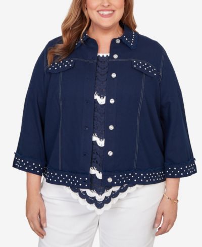 Alfred Dunner Plus Size Port Side Pearl Trim Denim Jacket