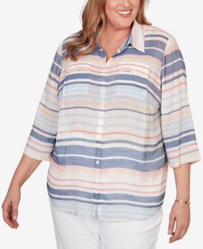 Alfred Dunner Plus Size Port Side Textured Stripe Button-Front Top