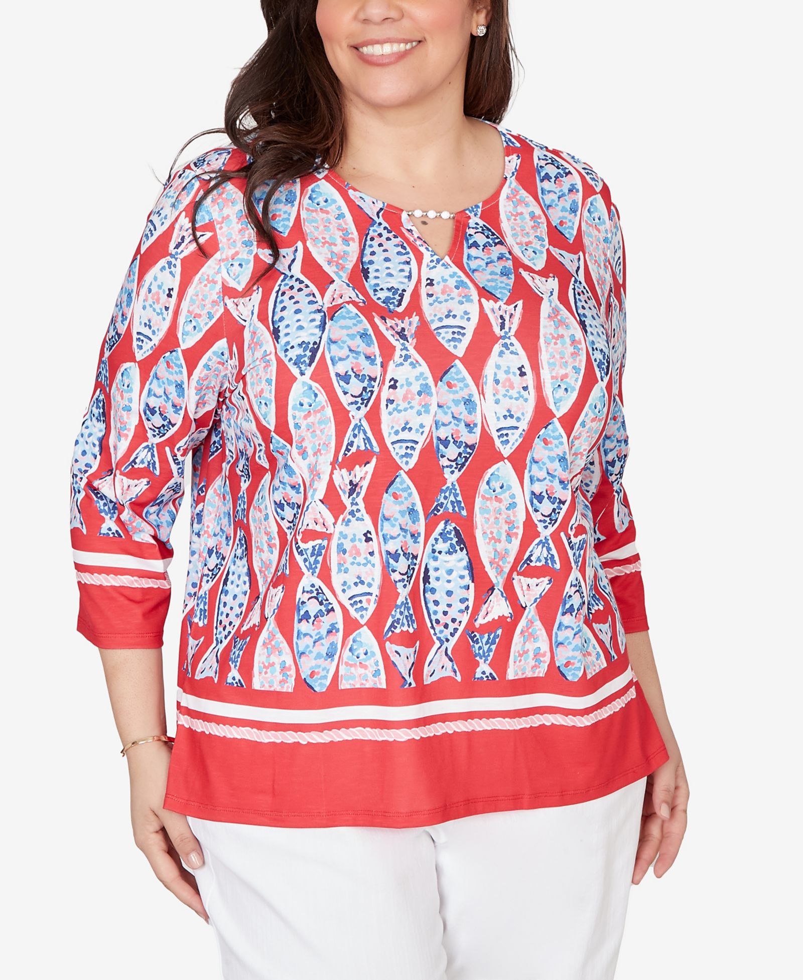 Alfred Dunner Plus Size Port Side Mosaic Fish Split Beaded Neck Top