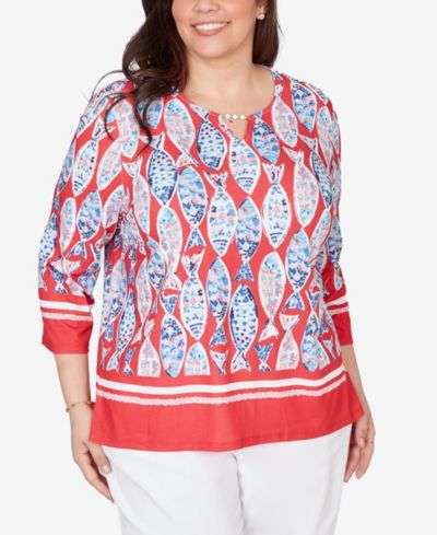 Alfred Dunner Plus Size Port Side Mosaic Fish Split Beaded Neck Top