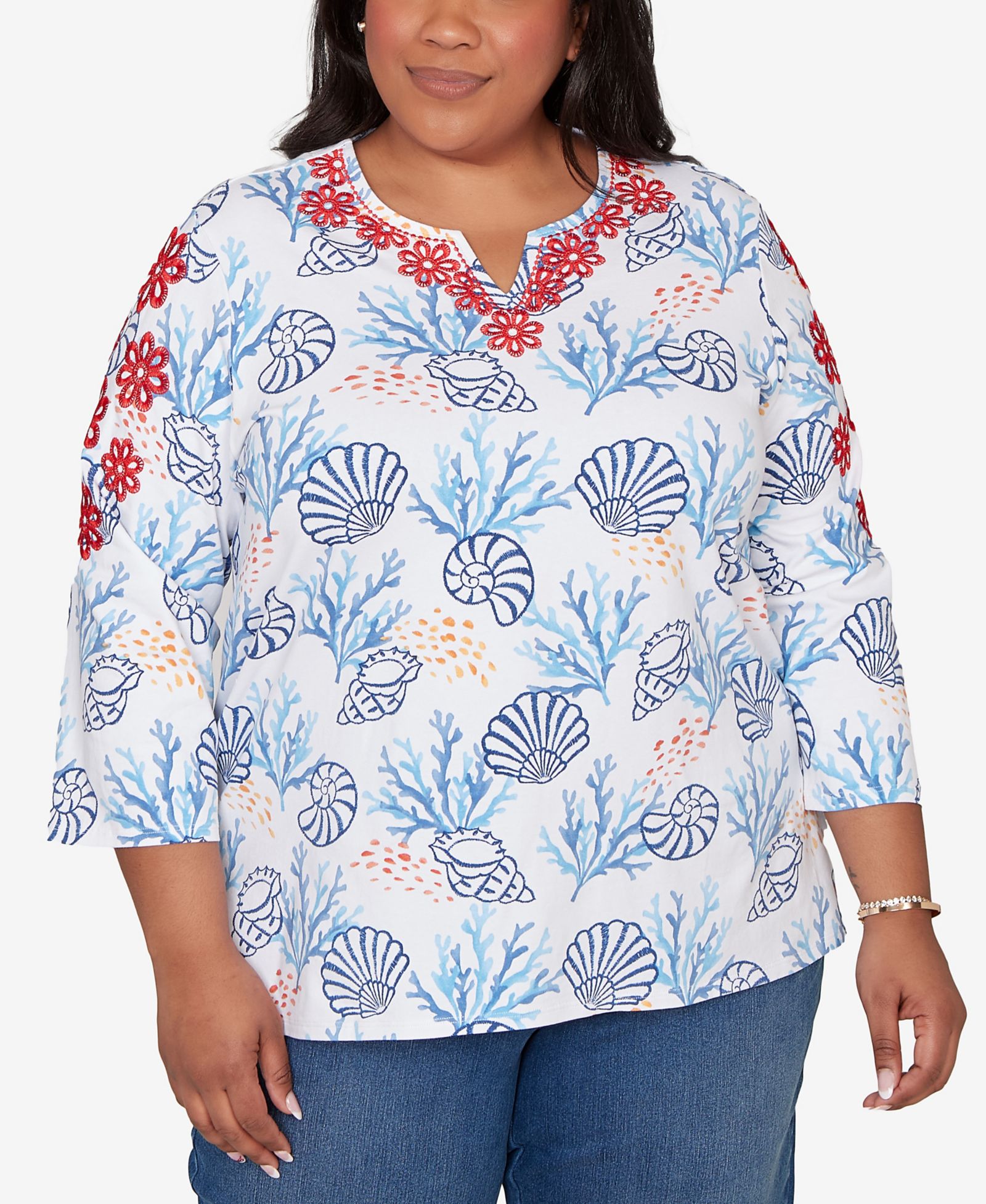 Alfred Dunner Plus Size Port Side Shell Print Embroidered Top