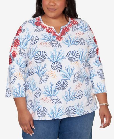 Alfred Dunner Plus Size Port Side Shell Print Embroidered Top