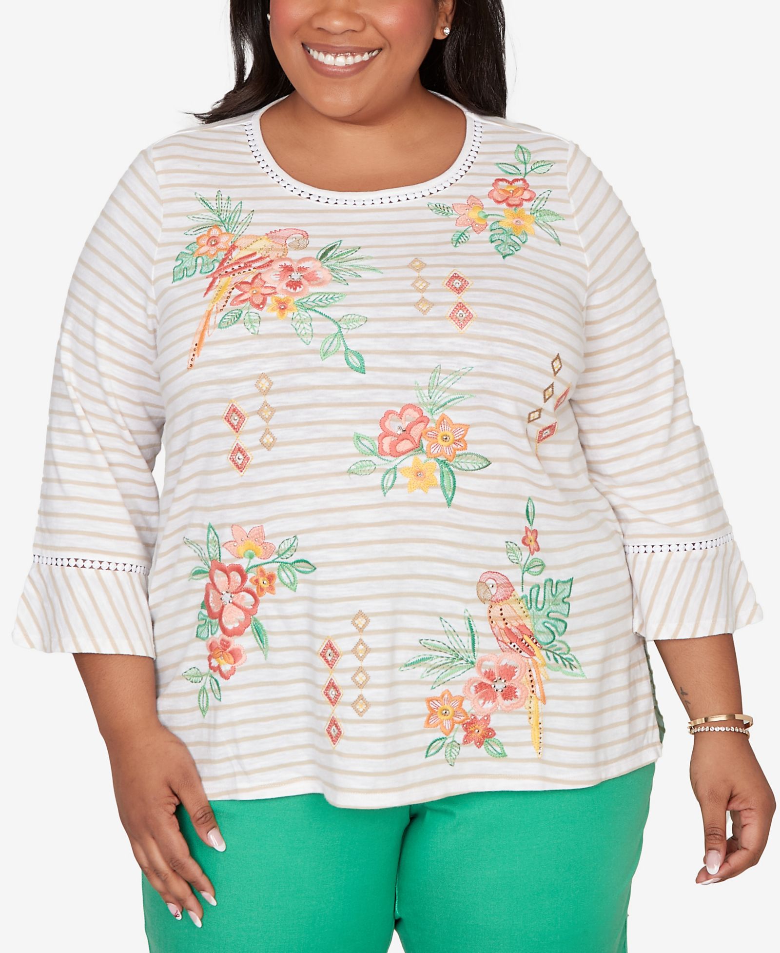 Alfred Dunner Plus Size Resort Living Parrot Stripe Embroidered Top